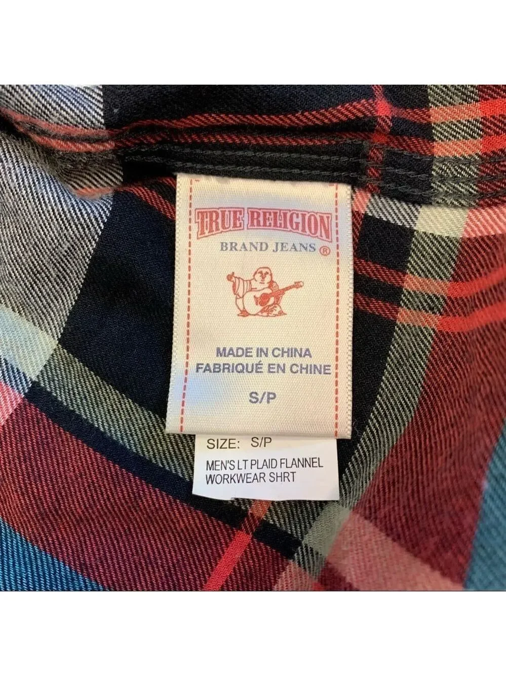 TRUE Religion red teal plaid check flannel fleece button down shirt size 8